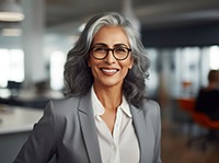 Smiling, gray-haired woman in office setting