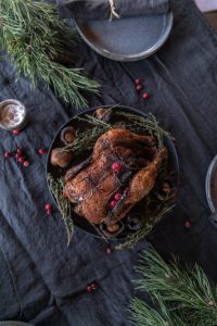 Roasted turkey on holiday table